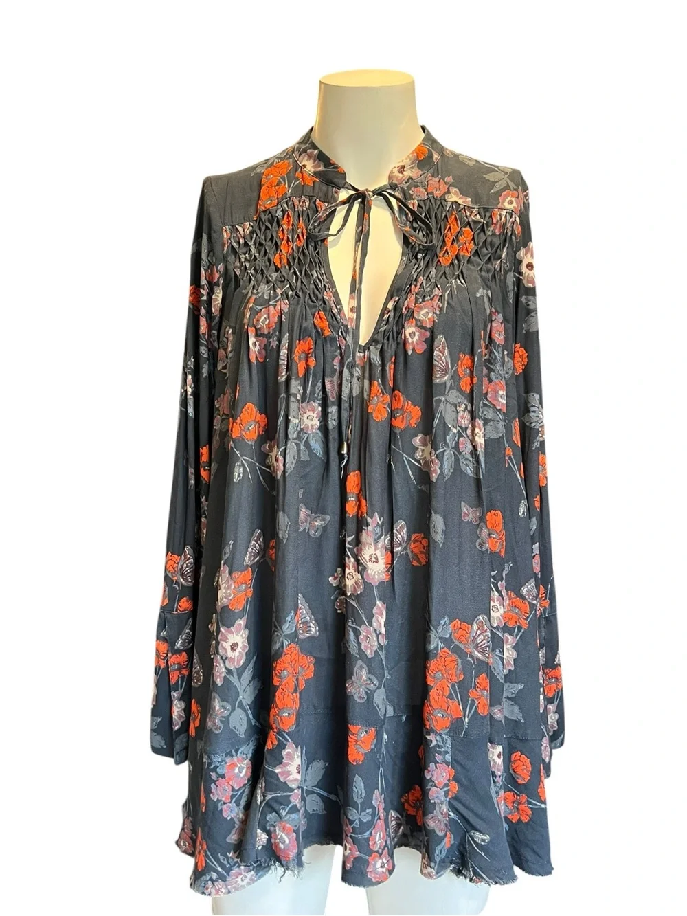 Free People Black Floral Tie-Neck Blouse with Orange Accents